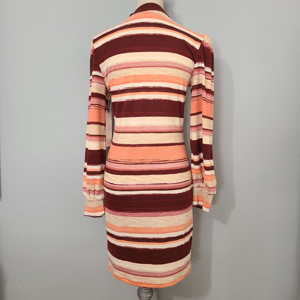 Almost Famous Womens PinkMaroonTan Stripped Bishop Sleeve Sweater Dress XL - Picture 3 of 10